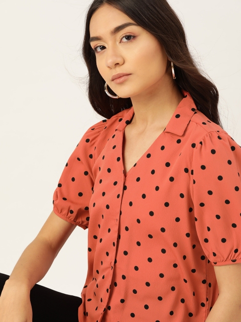

DressBerry Women Rust Orange & Black Polka Dots Print Casual Shirt