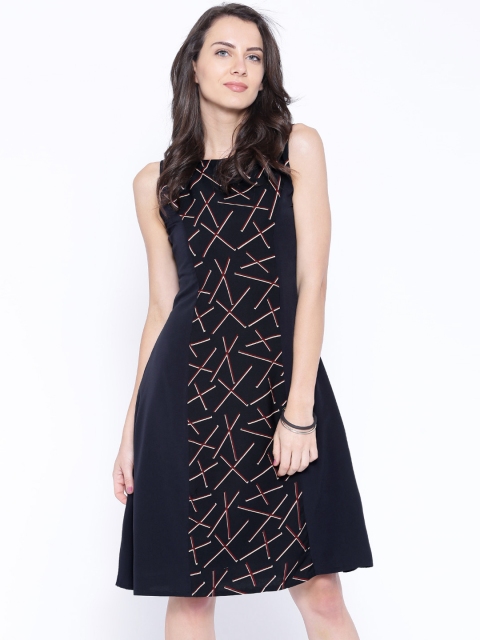 

Tokyo Talkies Navy Printed Crepe A-Line Dress, Navy blue
