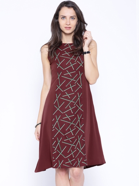 

Tokyo Talkies Maroon Printed Polyester A-Line Dress