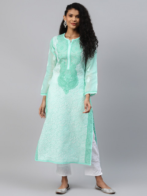 

ADA Women Sustainable Sea Green & White Chikankari Hand Embroidered Straight Kurta