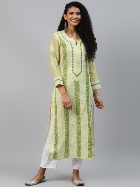 

ADA Women Green Paisley Hand Embroidered Chikankari Pastels Handloom Kurta