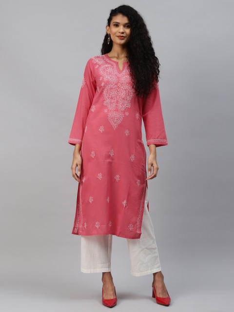 

ADA Women Pink & White Ethnic Motifs Hand Embroidered Chikankari Kurta
