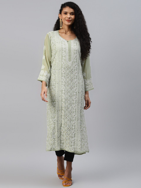 

ADA Women Green & White Ethnic Motifs Hand Embroidered Chikankari Kurta & Matching Slip