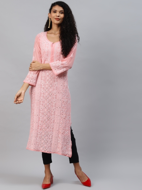 

ADA Women Peach & White Paisley Hand Embroidered Chikankari Kurta & Matching slip