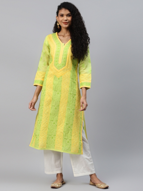 

ADA Women Yellow & Green Ethnic Motifs Hand Embroidered Chikankari Kurta