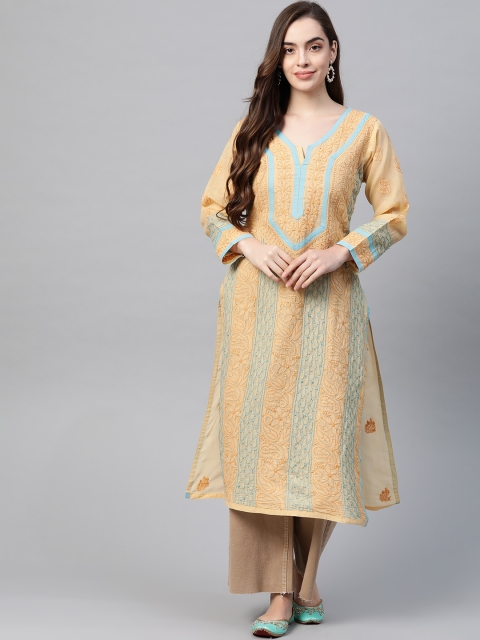 

ADA Women Beige & Blue Chikankari Hand Embroidered Sustainable Straight Kurta