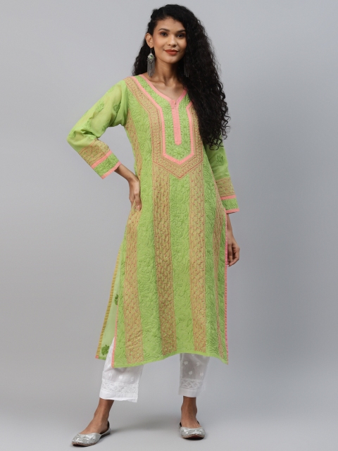 

ADA Women Green & Pink Paisley Hand Embroidered Chikankari Kurta