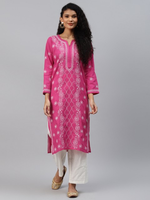 

ADA Women Magenta & White Ethnic Motifs Hand Embroidered Chikankari Kurta
