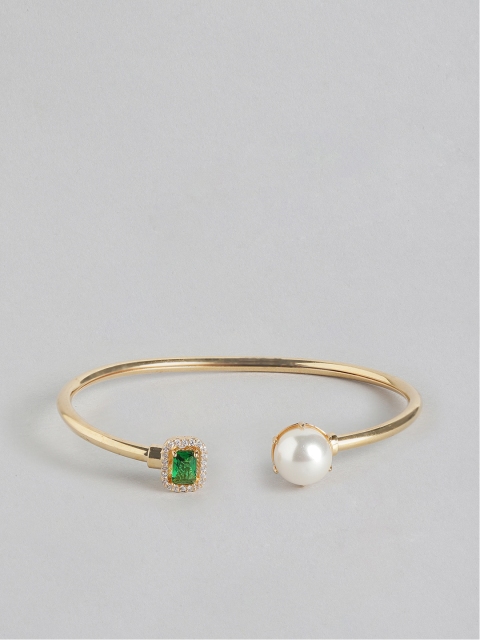 

MUCH MORE Women White & Green Gold-Plated Stone-Studded & Beaded Cuff Bracelet