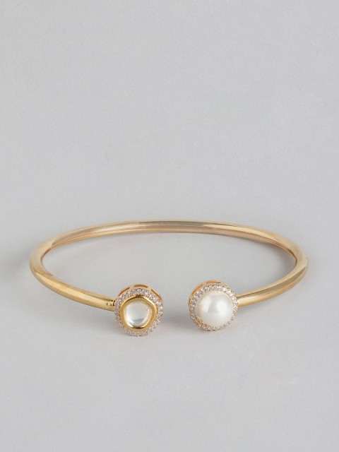 

MUCH MORE Women White Gold-Plated Stone-Studded & Beaded Cuff Bracelet
