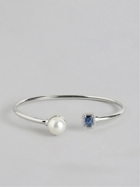 

MUCH MORE Women Navy Blue & White Silver-Plated Stone-Studded Beaded Bangle-Style Bracelet