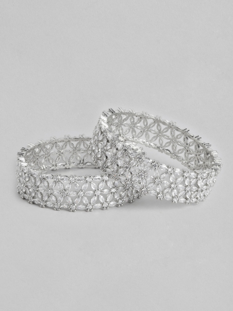 

MUCH MORE Set of 2 Silver-Plated Cubic Zirconia Studded Floral Bangles