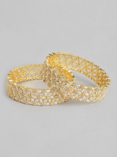 

MUCH MORE Set of 2 Gold-Plated Cubic Zirconia Studded Floral Bangles