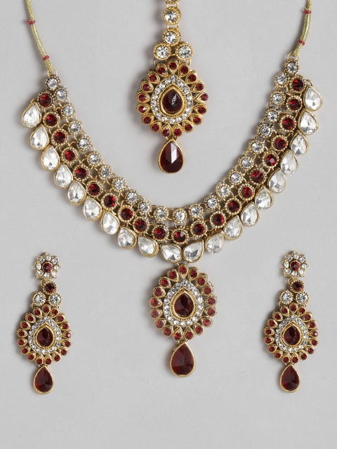

MUCH MORE Maroon Gold-Plated Stone-Studded Jewellery Set