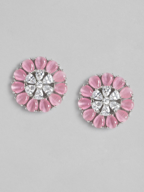 

MUCH MORE Pink Silver-Plated Cubic Zirconia-Studded Floral Studs