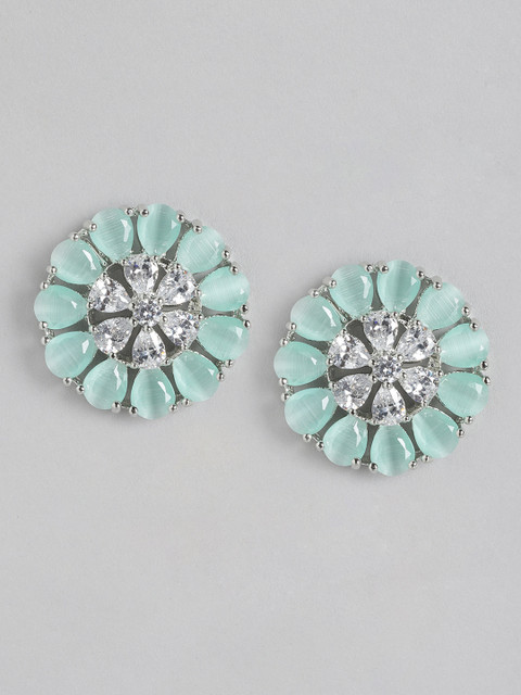 

MUCH MORE Mint Green Silver-Plated Cubic Zirconia-Studded Floral Studs