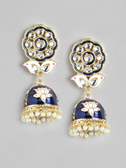 

MUCH MORE Blue Gold-Plated Stone Studded & Beaded Enamelled Dome Shaped Jhumkas