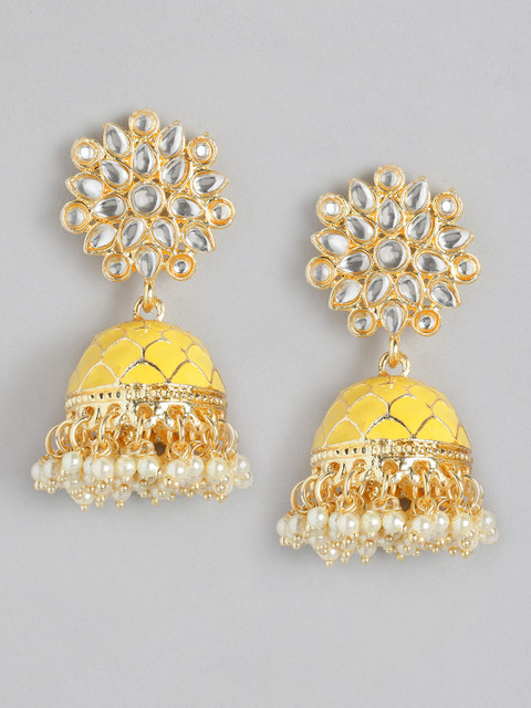 

MUCH MORE Yellow Gold-Plated Stone Studded & Beaded Enamelled Dome Shaped Jhumkas