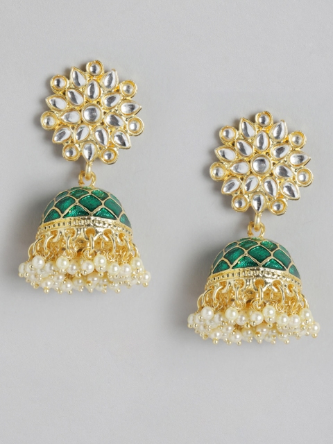 

MUCH MORE Green Gold-Plated Stone Studded & Beaded Enamelled Dome Shaped Jhumkas
