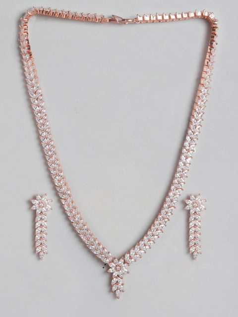 

MUCH MORE Rose Gold-Plated CZ-Studded Floral & Leaves Pattern Jewellery Set