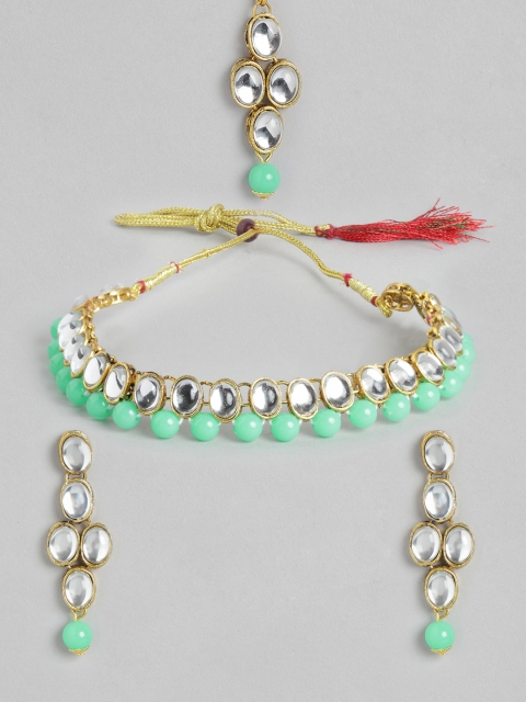 

MUCH MORE Green Gold-Plated Stone-Studded Beaded Jewellery Set