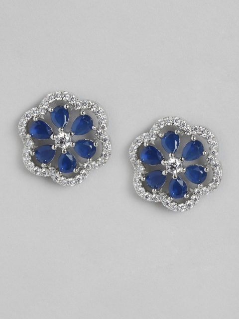 

MUCH MORE Navy Blue Silver-Plated Cubic Zirconia-Studded Floral Shaped Studs