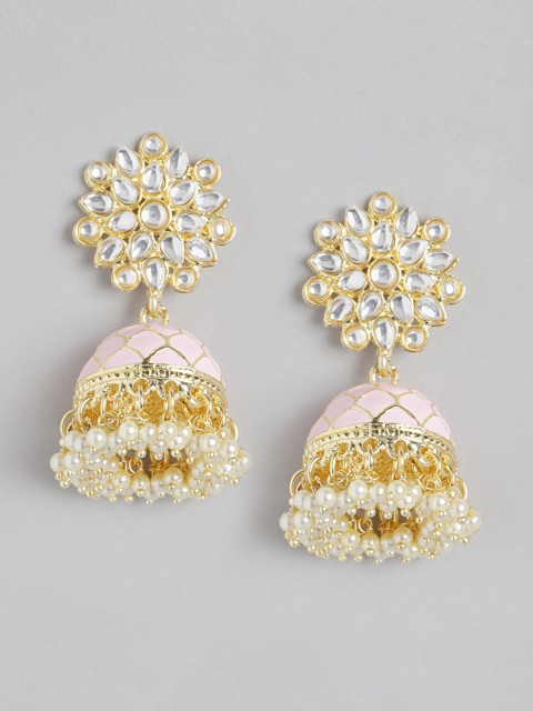 

MUCH MORE Pink Gold-Plated Stone Studded & Beaded Enamelled Dome Shaped Jhumkas