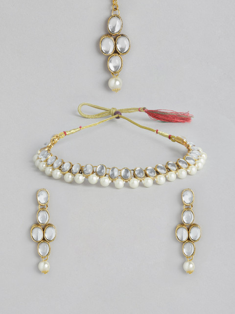 

MUCH MORE Off-White Gold-Plated Stone-Studded Beaded Jewellery Set