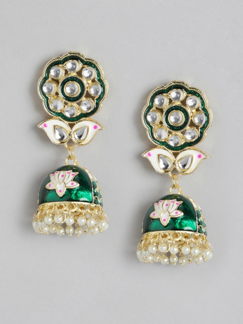 

MUCH MORE Green Gold-Plated Stone Studded & Beaded Enamelled Dome Shaped Jhumkas