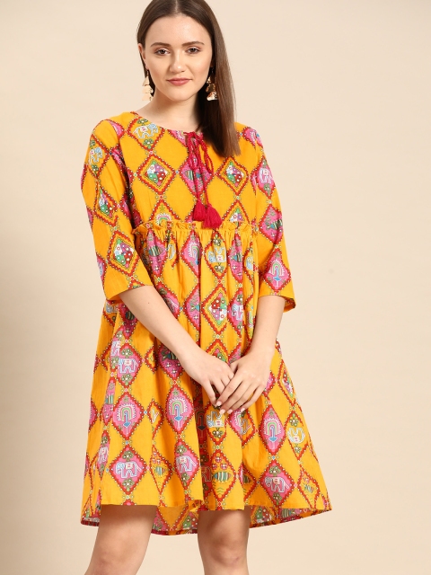 

Anouk Yellow & Red Pure Cotton Ethnic Motifs Tie-Up Neck A-Line Dress