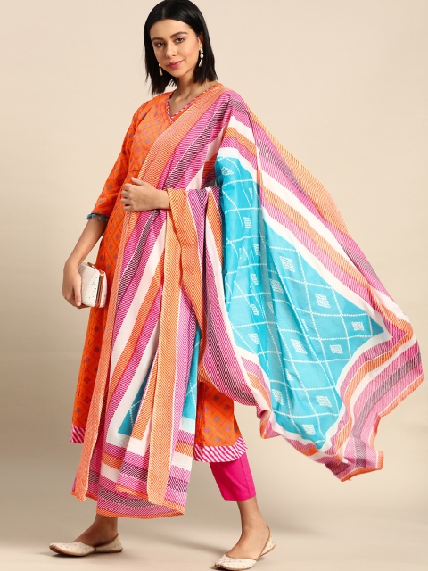 

Anouk Women Orange & Pink Printed Pure Cotton Angrakha Kurta with Trousers & With Dupatta
