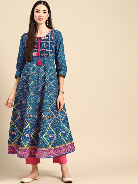 

Anouk Women Blue & Pink Ethnic Printed Regular Pure Cotton Kurta with Trousers