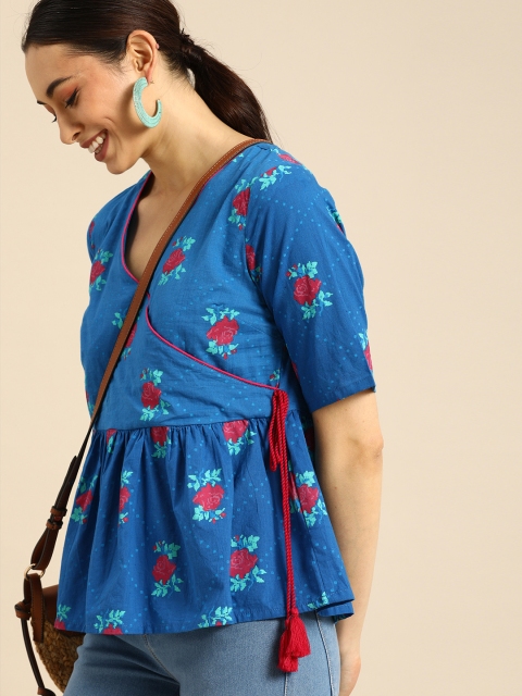 

Anouk Blue & Pink Floral Peplum Top