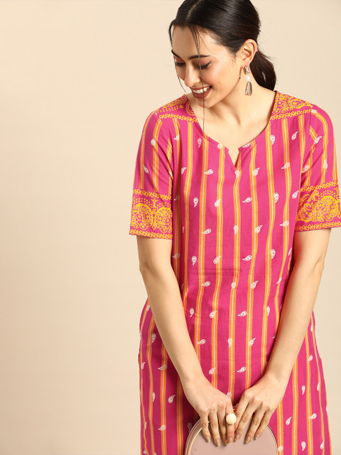 

Anouk Women Pink & Mustard Yellow Striped Pure Cotton Straight Kurta