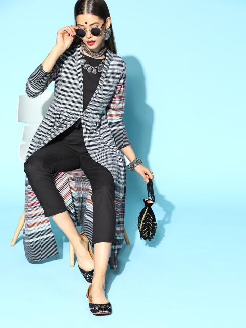 

Anouk Striped Pure Cotton Fusion Jacket Kurta Set, Black