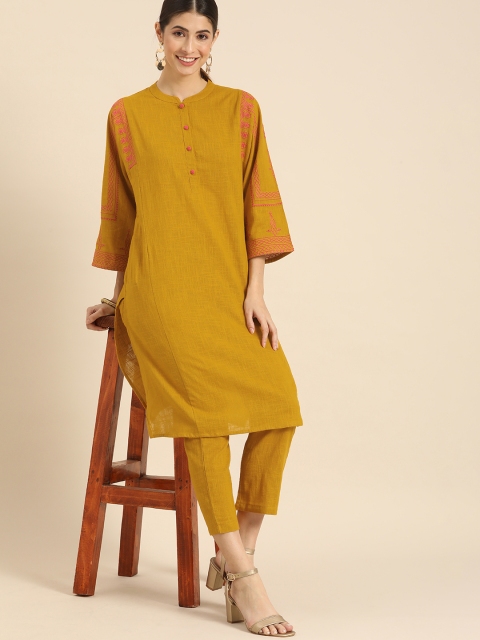 

Anouk Women Mustard Yellow Yoke Design Pure Cotton Kurta with Trousers