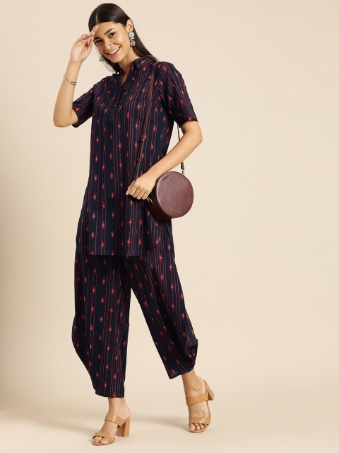 

Anouk Women Navy Blue And Red Printed Shirt Collar Kurta with Palazzos