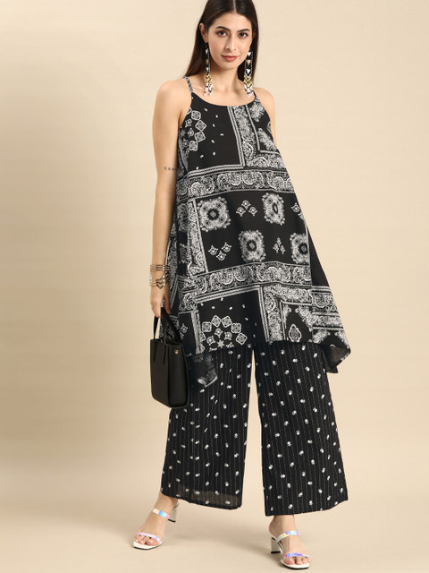 

Anouk Women Black & White Ethnic Motifs Printed Regular Pure Cotton Kurta with Palazzos