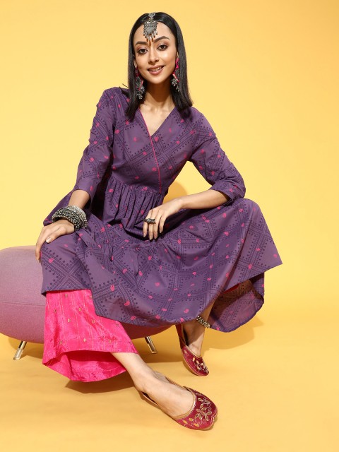 

Anouk Women Purple & Pink Geometric Printed Cotton Tiering Angrakha Kurta