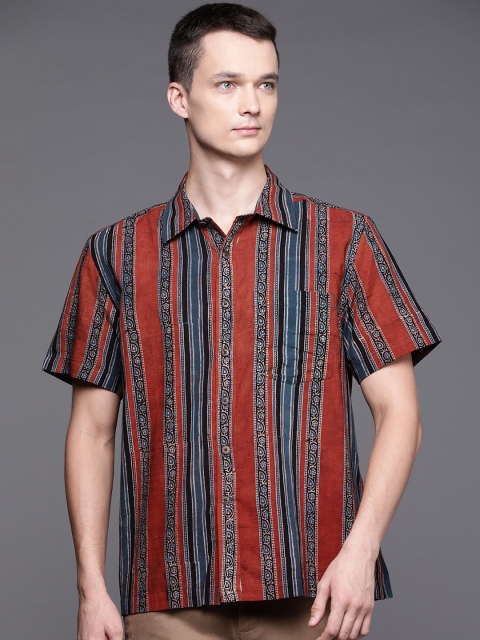 

Fabindia Men Red & Blue Cotton Opaque Striped Casual Shirt