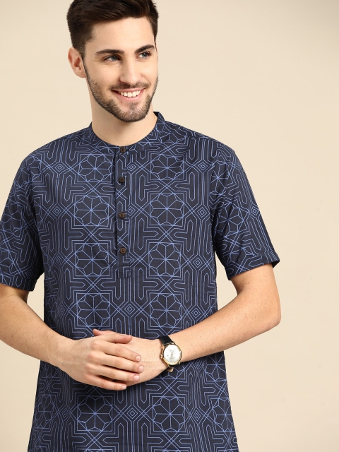 

Anouk Men Blue Geometric Printed Pure Cotton Indigo Kurta