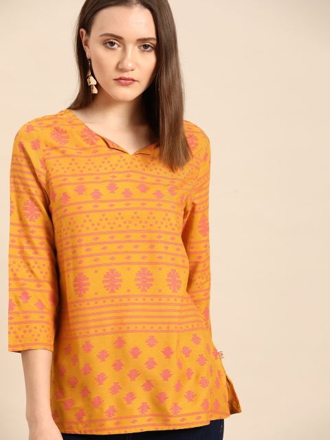 

Anouk Mustard Yellow & Pink Printed Regular Top