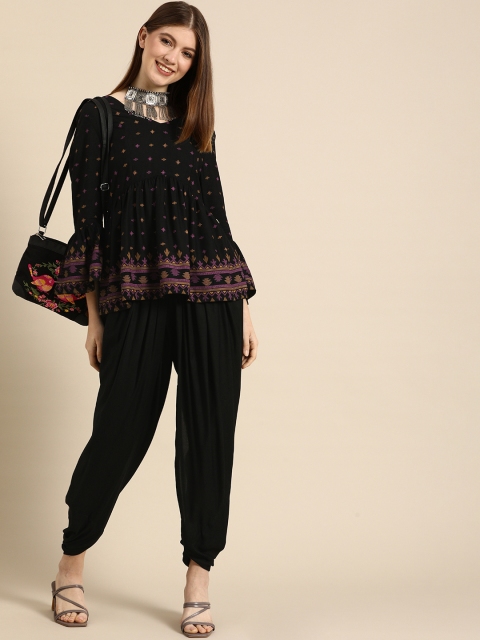 

Anouk Women Black Ethnic Motifs Print Gathered A-Line Kurti with Dhoti Pants