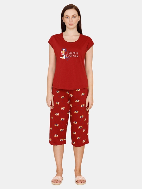 

Zivame Women Maroon & Yellow Printed Cotton Night Suit