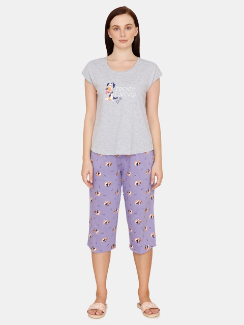 

Zivame Women Grey & Violet Printed Cotton Night suit