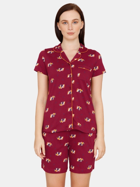 

Zivame Women Maroon & Orange Printed Night Suit