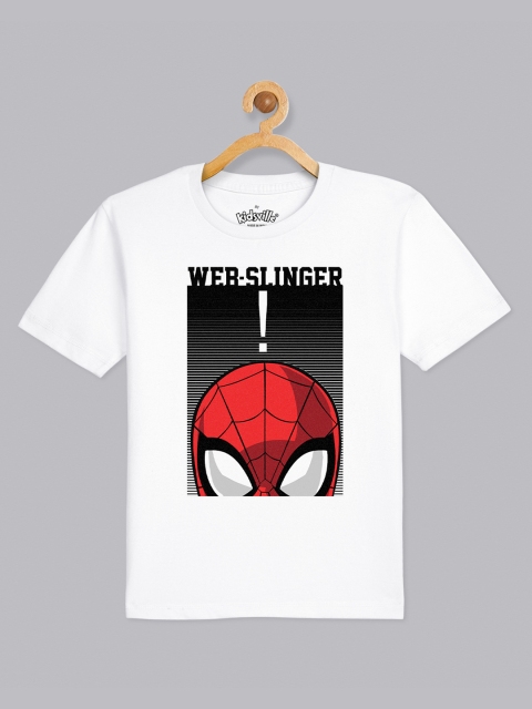 

Kids Ville Boys White Spiderman Printed Round Neck Pure Cotton T-shirt