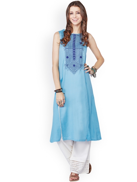 

Global Desi Blue A-Line Kurta with Embroidered Detail