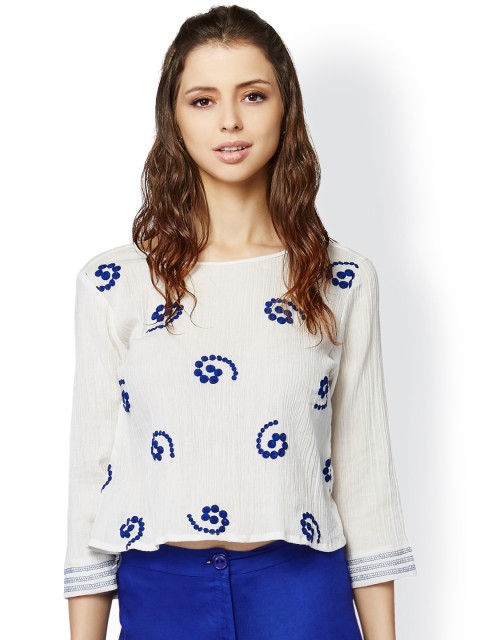 

Global Desi White Embroidered Top