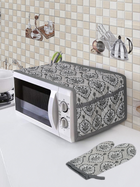 

Rajasthan Decor Grey & White Floral Printed Quilted Microwave Cover